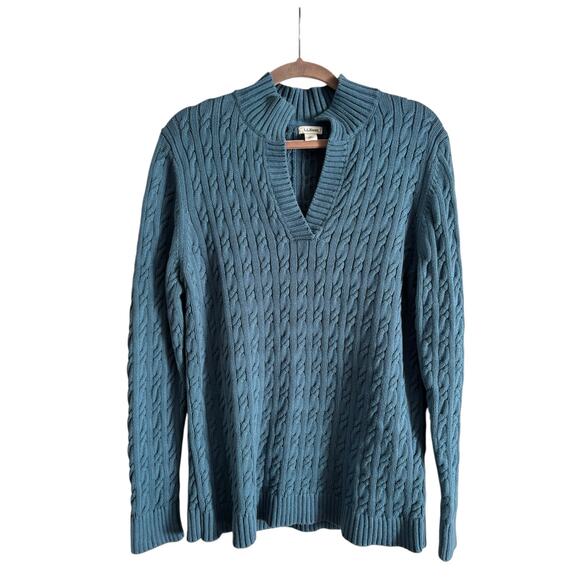 L.L. Bean Women’s Chunky Cable Knit Blue Split Neck Long Sleeve Sweater Large - Picture 1 of 7